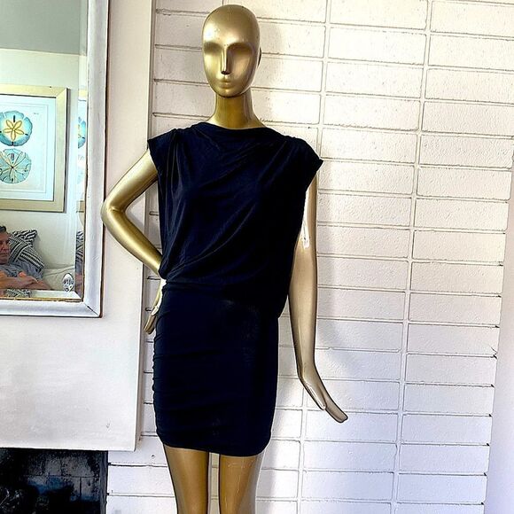 All Saints black viscose body con cowl back mini w/side boob. - Picture 5 of 11